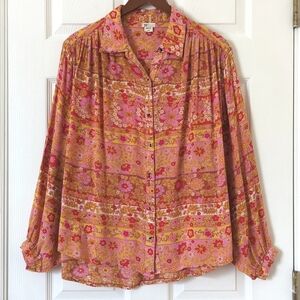 Billabong Day After Day Retro Floral Oversized Button Down Blouse Pink Skies M